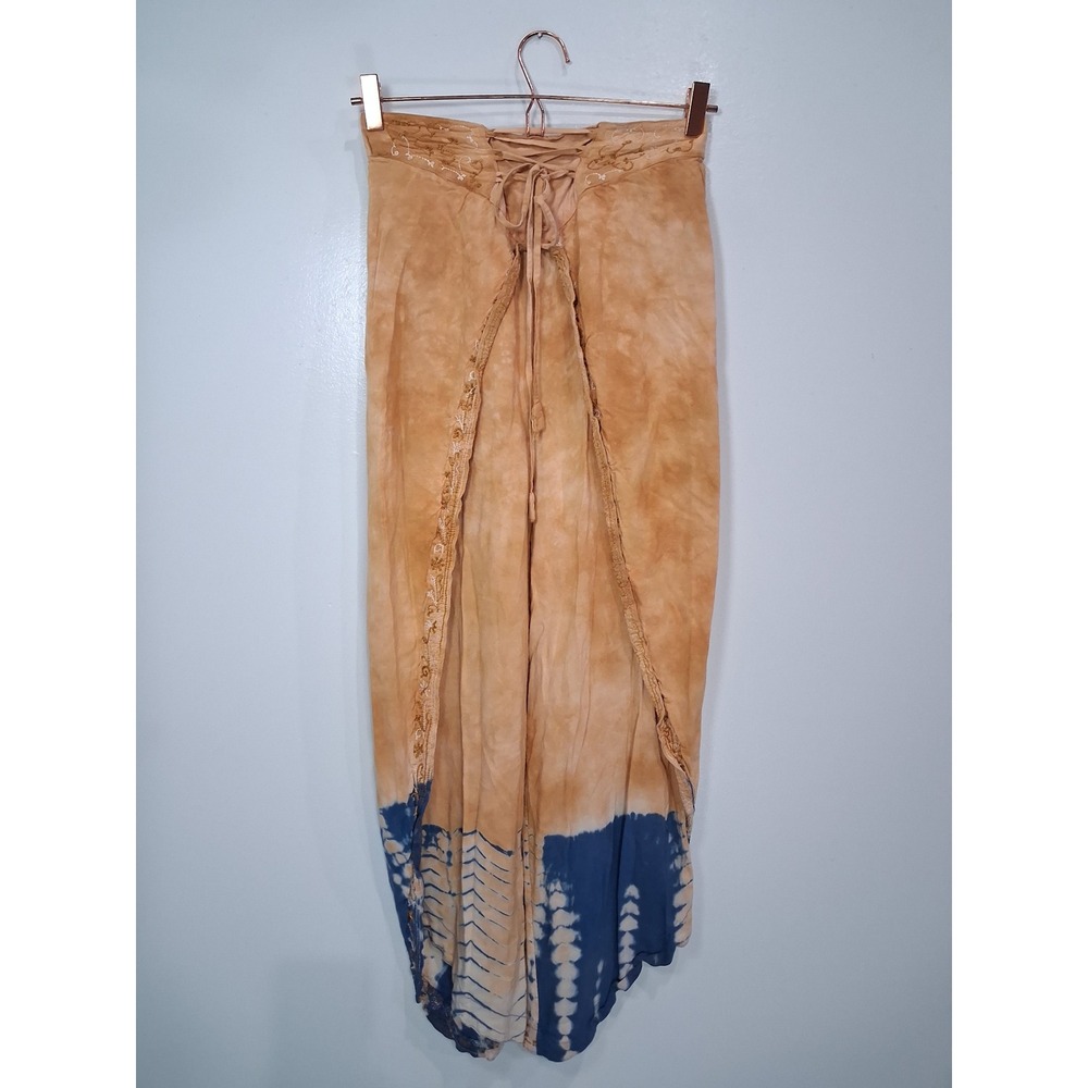 L.S.I. Boho Tie Dye Wrap Harem Pants Tan Blue Embroidered Lace Up Small India